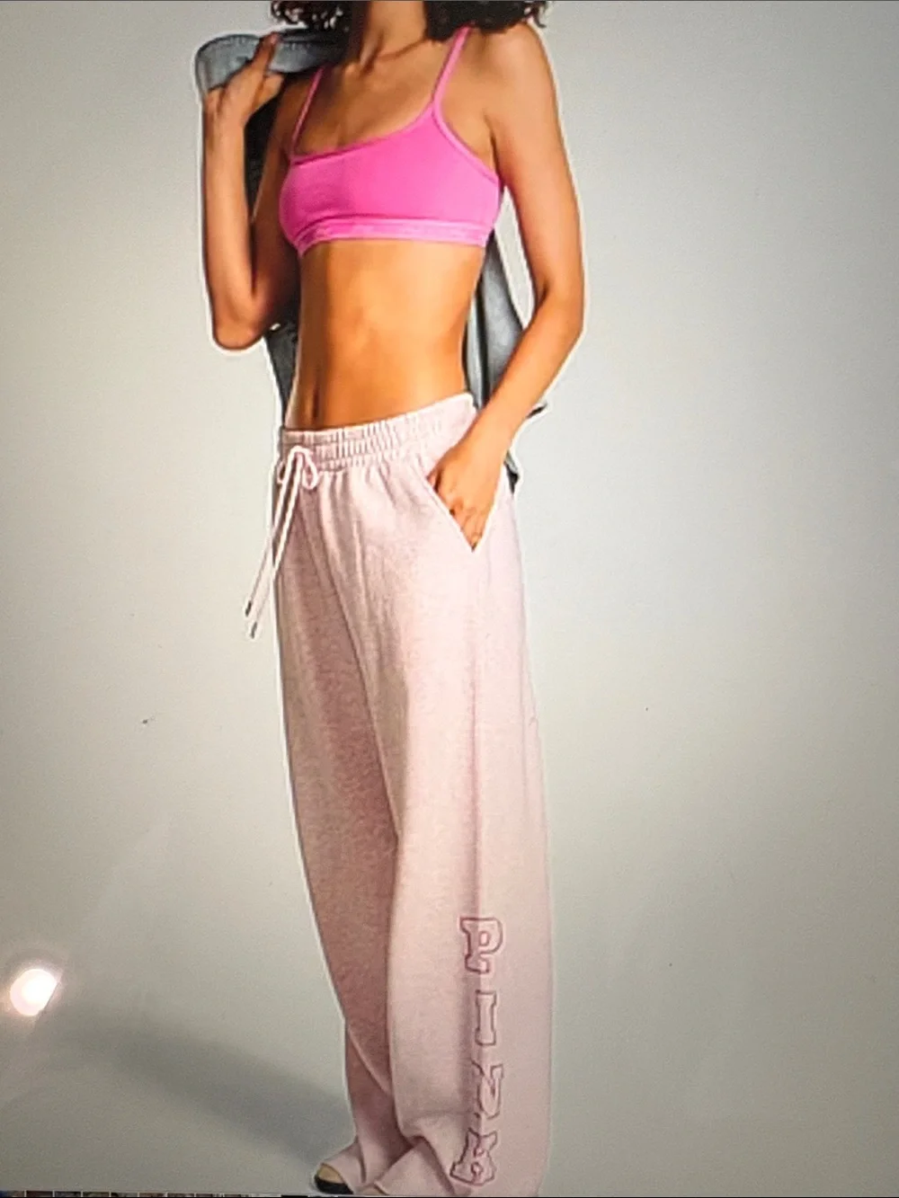 Victoria Secret Pink fleece wide leg sweatpants in heather pink petal woven